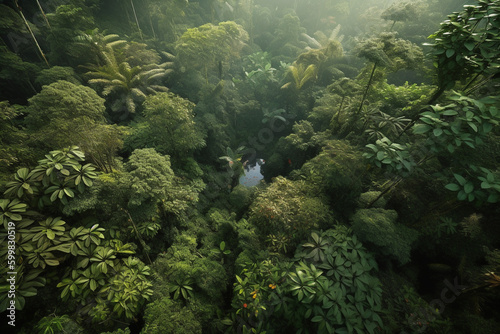 Tropical green lush rainforest near amazon river  top drone view landscape