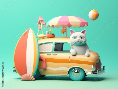 Adorable cat sittign on the car, ready for travel, summer concept. Generative AI photo