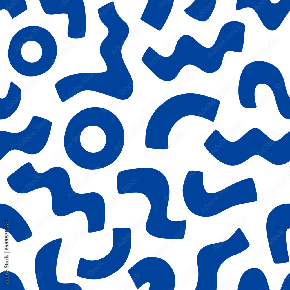 Blue Matisse curve elements seamless pattern. Minimal abstract geometric shapes, modern cut out design. Freehand doodle collage. Contemporary background, simple vector wallpaper, confetti print.