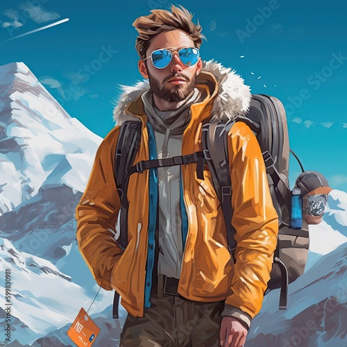 Illustration of a backpacker man and abstract art, AI Generated