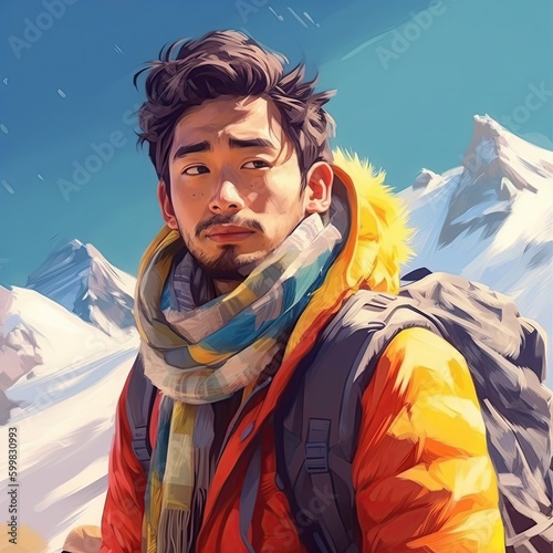Illustration of a backpacker man and abstract art, AI Generated © kanate