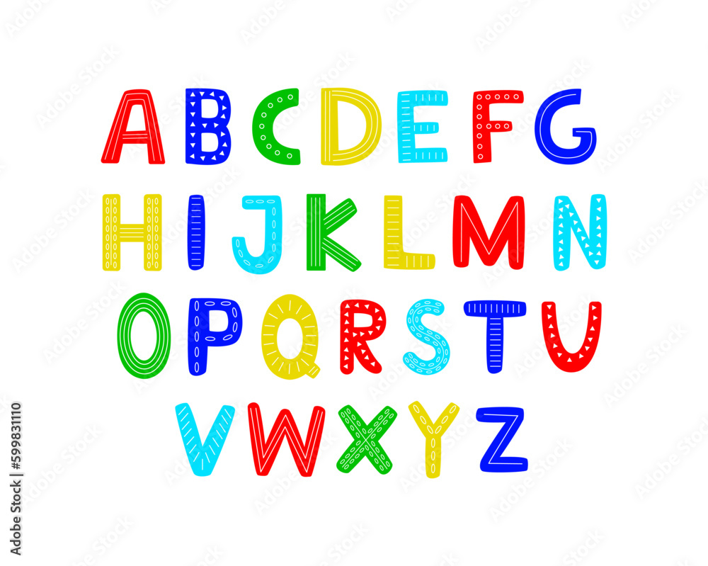 Hand drawn alphabet. Kids type font. Festive uppercase English letters. Fantasy and colorful text symbols. Fun orange and blue flat design. Typeface signs set. Vector recent illustration