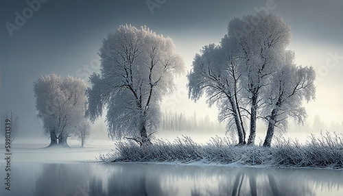 amazing winter landscape with fog and frosty trees. Generative AI photo