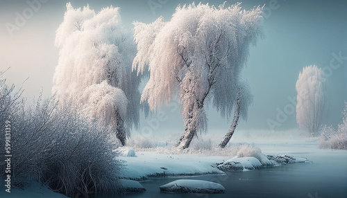 amazing winter landscape with fog and frosty trees. Generative AI photo