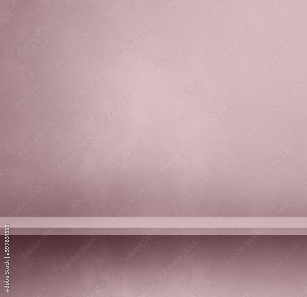Empty shelf on a light lilac pink concrete wall. Background template. Square mockup