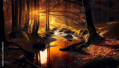 Autumn forest and forest stream at sunset. Generative AI