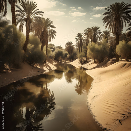 A desert oasis surrounded by sand dunes and palm trees  made with Generative AI 