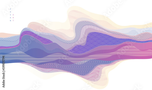 Oriental Japanese style vector abstract illustration, background in Asian traditional style, wavy shapes and mountains terrain, runny like sea lines.