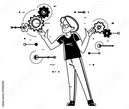 Mechanic engineer working on a draft plan vector illustration, inventor or repair job, engineering machine industry, system technician.