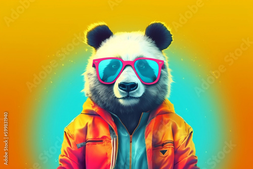 Panda Wearing Trendy Sunglasses on colourful background, Cartoon Style, AI-Generated Image