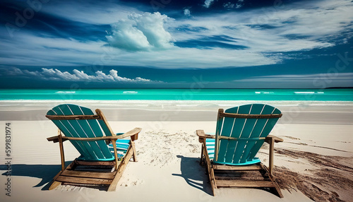 beach chairs on beautiful tropical beach. Generative AI