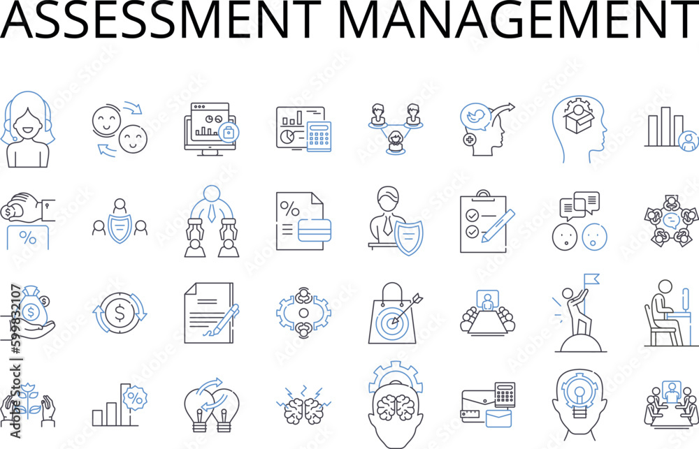 Assessment management line icons collection. Risk control, Budget planning, Time management, Project coordination, Data analysis, Performance evaluation, Resource allocation vector and linear Assessment management line icons collection. Risk control, Budget planning, Time management, Project coordination, Data analysis, Performance evaluation, Resource allocation vector and linear