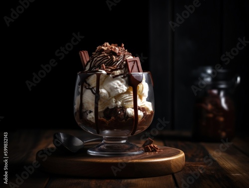 Tasty cold chocolate and vanilla ice cream sundae. Generative AI
