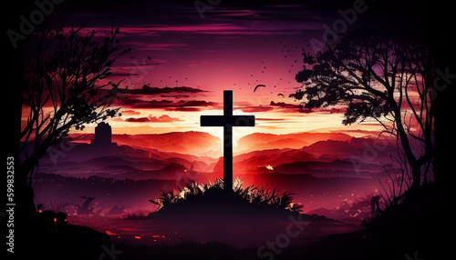 calvary sunset background for Good Friday He is risen. Generative AI