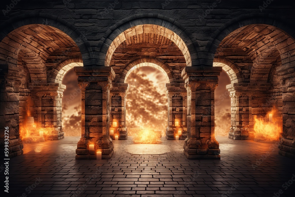 Ancient classic architecture stone arches. Ai. With fire flames