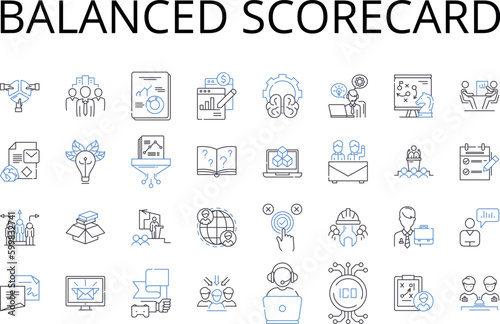 Balanced scorecard line icons collection. Risk assessment, Decision making, Project management, Financial analysis, Human resources, Marketing strategy, Supply chain vector and linear illustration
