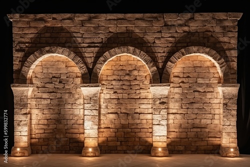 Ancient classic architecture stone arches. Ai. With fire flames photo