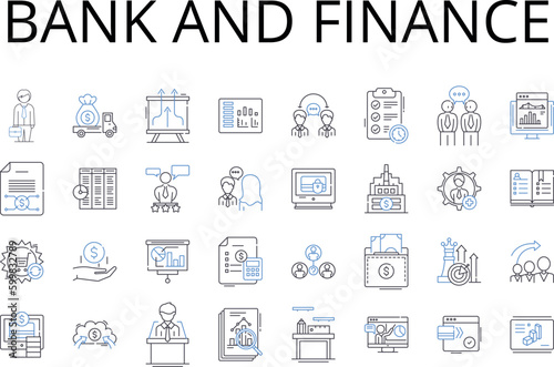 Bank and finance line icons collection. Financial institution, Depository, Lending agency, Investment firm, Credit union, Mtary entity, Trust company vector and linear illustration. Brokerage,Treasury