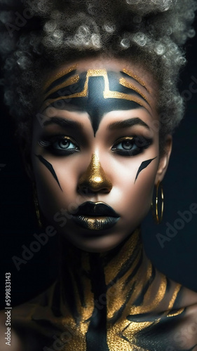 Artistic gold decorated black young woman. Created with Generative AI technology.