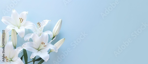 White lily flower on pale blue background. Floral wedding card, celebration, invitation, farewell greeting, condolence. Generative AI.