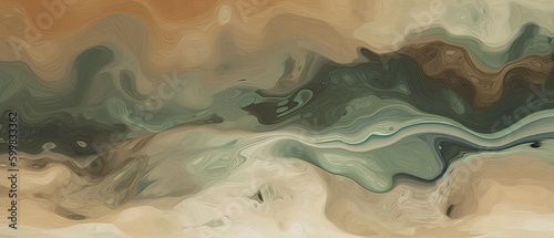 Liquid background featuring a mix of earthy natural liquid colors. Movement of flowing colors. Banner, web, modern graphic design for backgrounds. Generative AI. 