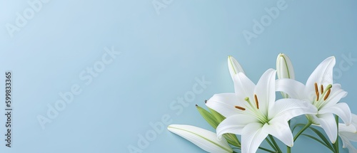 White lily flower on pale blue background. Floral wedding card, celebration, invitation, farewell greeting, condolence. Generative AI.
