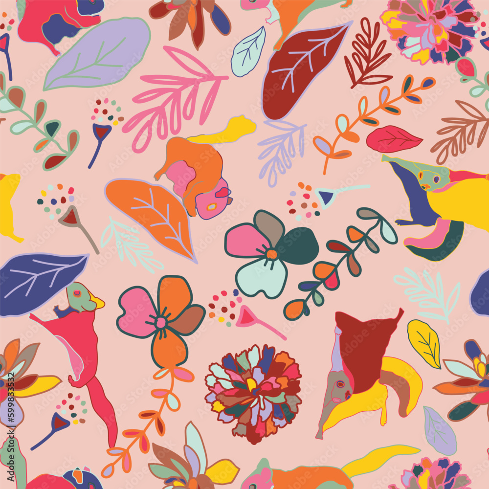 Seamless pattern with squirrels and flowers
