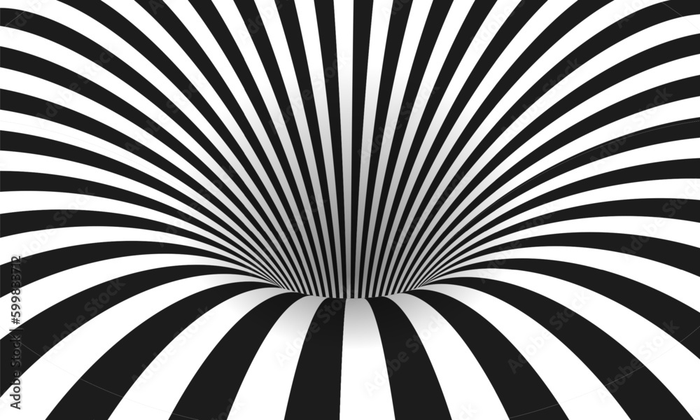 Abstract optical illusion. Hypnotic spiral tunnel with black and white lines. Vector illustration. - obrazy, fototapety, plakaty 