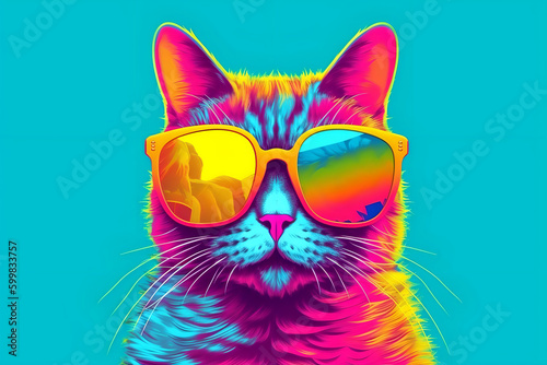 Cat Wearing Trendy Sunglasses, Colourful Background, Cartoon Style, AI-Generated Image © Casper
