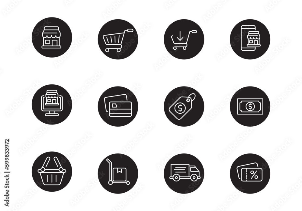 Set of e-commerce icons in round shape with black and white color isolated on white background
