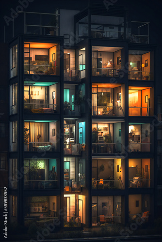 Night view of a group of colorful apartments. Created with Generative AI technology.