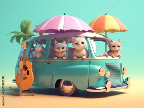 Adorable cat sittign on the car, ready for travel, summer concept. Generative AI photo