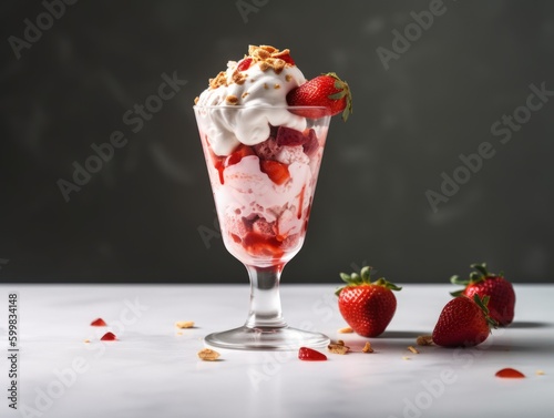 Ice cream sundae with strawberry sauce on white table. Generative AI