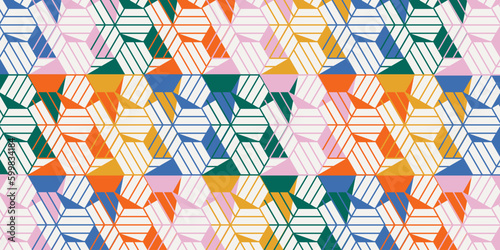 Fun seamless pattern with geometric shapes in 80s style. Colorful geometric mosaic backdrop. Retro fashion background with simple figures for web design, card, invitation, poster, textile print