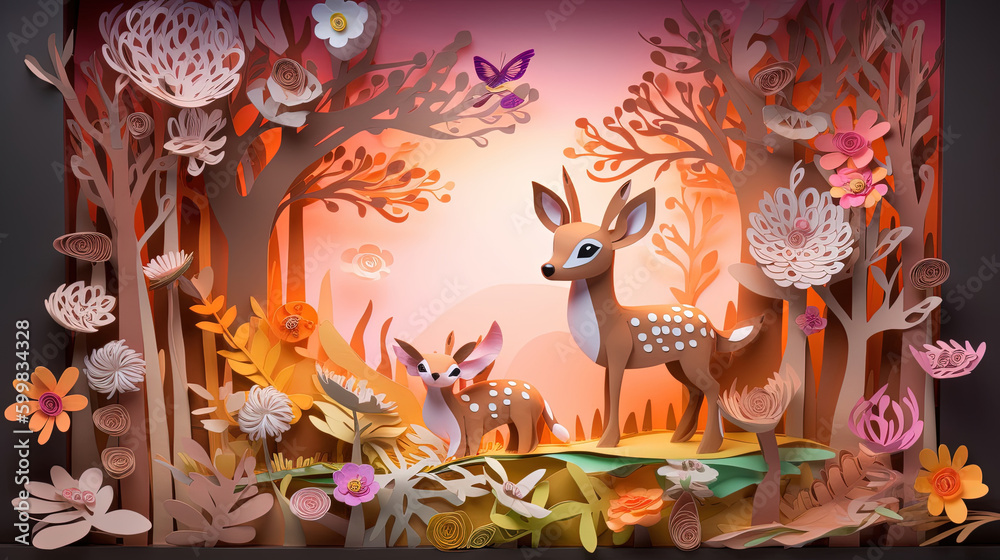 Paper art style 3D environment with animal. Generative AI. 