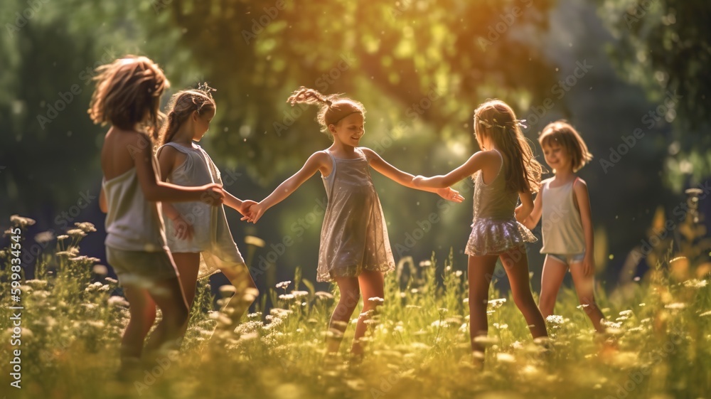 Happy children playing in sunbeams at the sunny summer meadow. Generative AI.