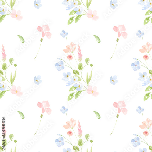 watercolor pink and blue meadow flowers seamless pattern. Meadow with flowers  floral seamless pattern of watercolor colorful wildflowers. 