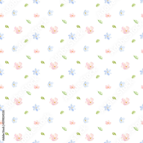 watercolor pink and blue meadow flowers seamless pattern. Meadow with flowers, floral seamless pattern of watercolor colorful wildflowers. 