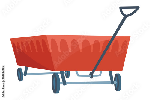 Garden cart cartoon or farm wheelbarrow icon. Gardening, farming concept. Equipment of garden cart or garden wagon, vector illustration on white background