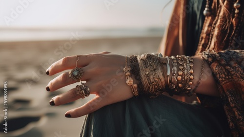 extreme close-up of beautiful hands of a woman, with amazing boho styled jewels, sitting at the beach - ai-generated