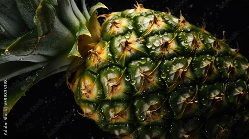 Close-up product shot of wet and fresh pineapple isolated on black background Close-up product shot of wet and fresh pineapple isolated on black background