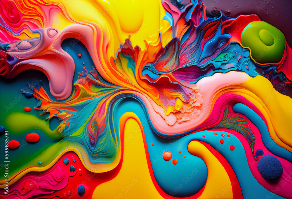 Fototapeta premium Flat beautiful colorfull liquid acrylic pouring Fluid painting, with cells, perfect composition, high definition Generative AI