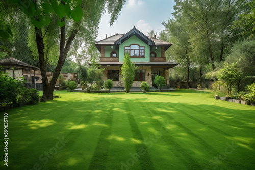 Green grass near the house. Generative AI © Alex
