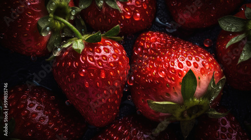Close-up product shot of wet and fresh strawberries isolated on black background