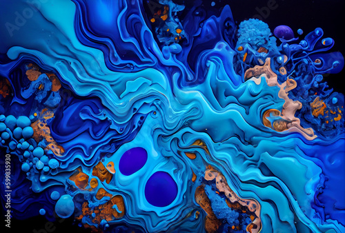 Flat beautiful blue liquid acrylic pouring Fluid painting, with cells, perfect composition, high definition Generative AI