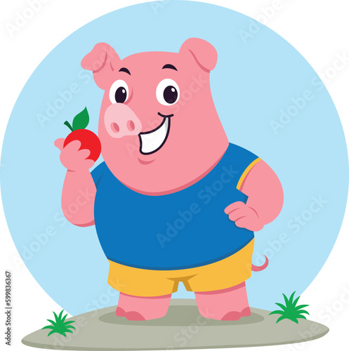 Pig Eating Apple Cartoon Illustration