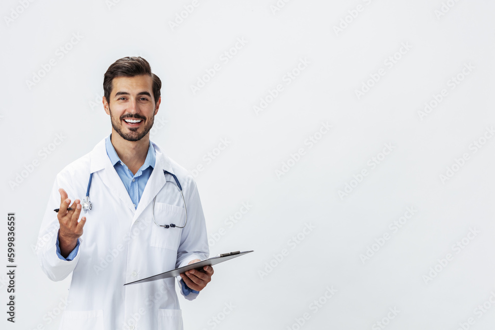 Man doctor in white coat with stethoscope and folder for notes and patient records smile and good test results on white isolated background, copy space, space for text, health Man doctor in white coat with stethoscope and folder for notes and patient records smile and good test results on white isolated background, copy space, space for text, health