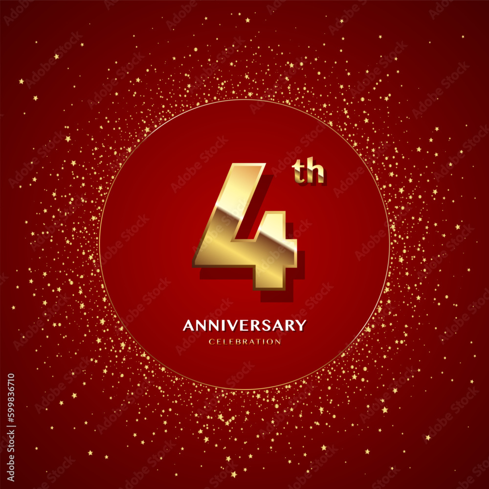 4th anniversary logo with gold numbers and glitter isolated on a red background 4th anniversary logo with gold numbers and glitter isolated on a red background