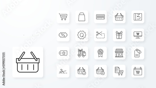 Shopping icon collection with black outline style. texture, abstract, label, stroke, beauty, headline, acrylic. Vector Illustration