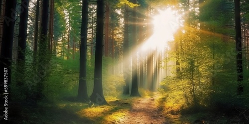 The sun shines through the trees in the forest on a sunny day. Generative AI technology photo